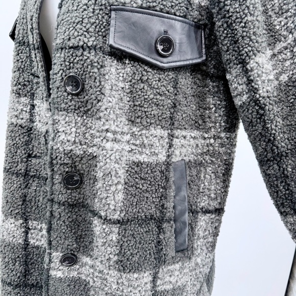 NVLT Plaid Faux Leather Trim Berber Sherpa Teddy Shacket Coat NWOT - Picture 7 of 12